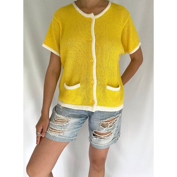 90s vintage yellow knit beach vacation slouchy fun short sleeved button up shirt - Picture 2 of 8